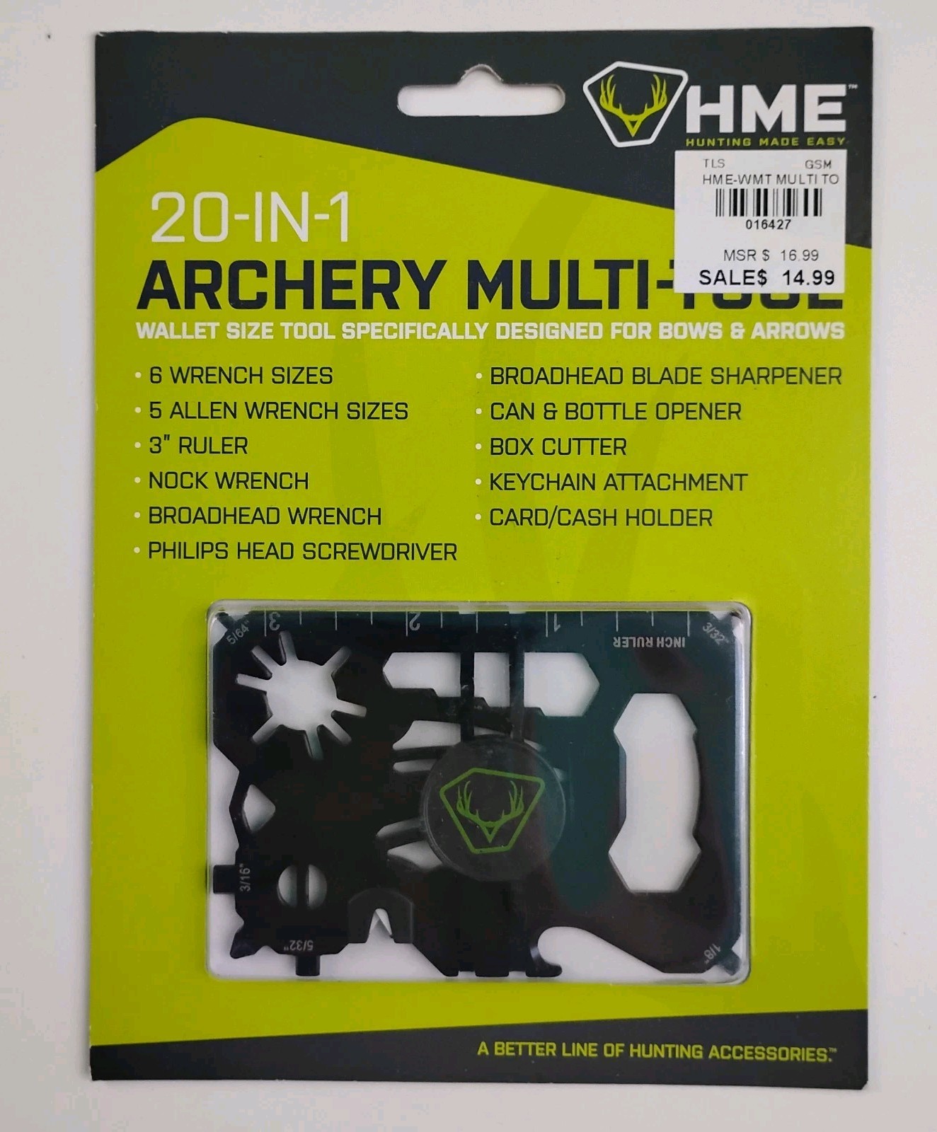 HME Archery Multi-Tool 20-in-1 Wallet Size Black Steel Hunting Bow Accessory