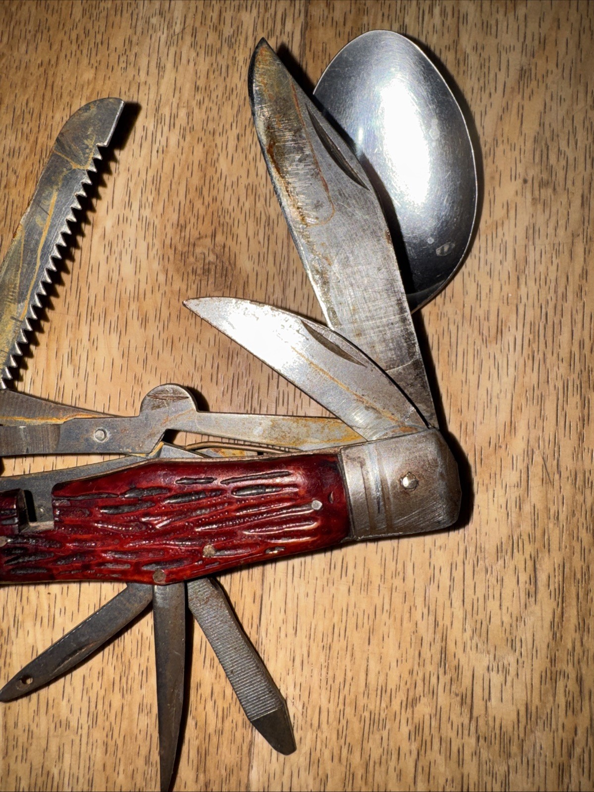 Vtg Camp Multi Tool Folding Pocket Knife Full Size Spoon Fork Saw Knife Camping