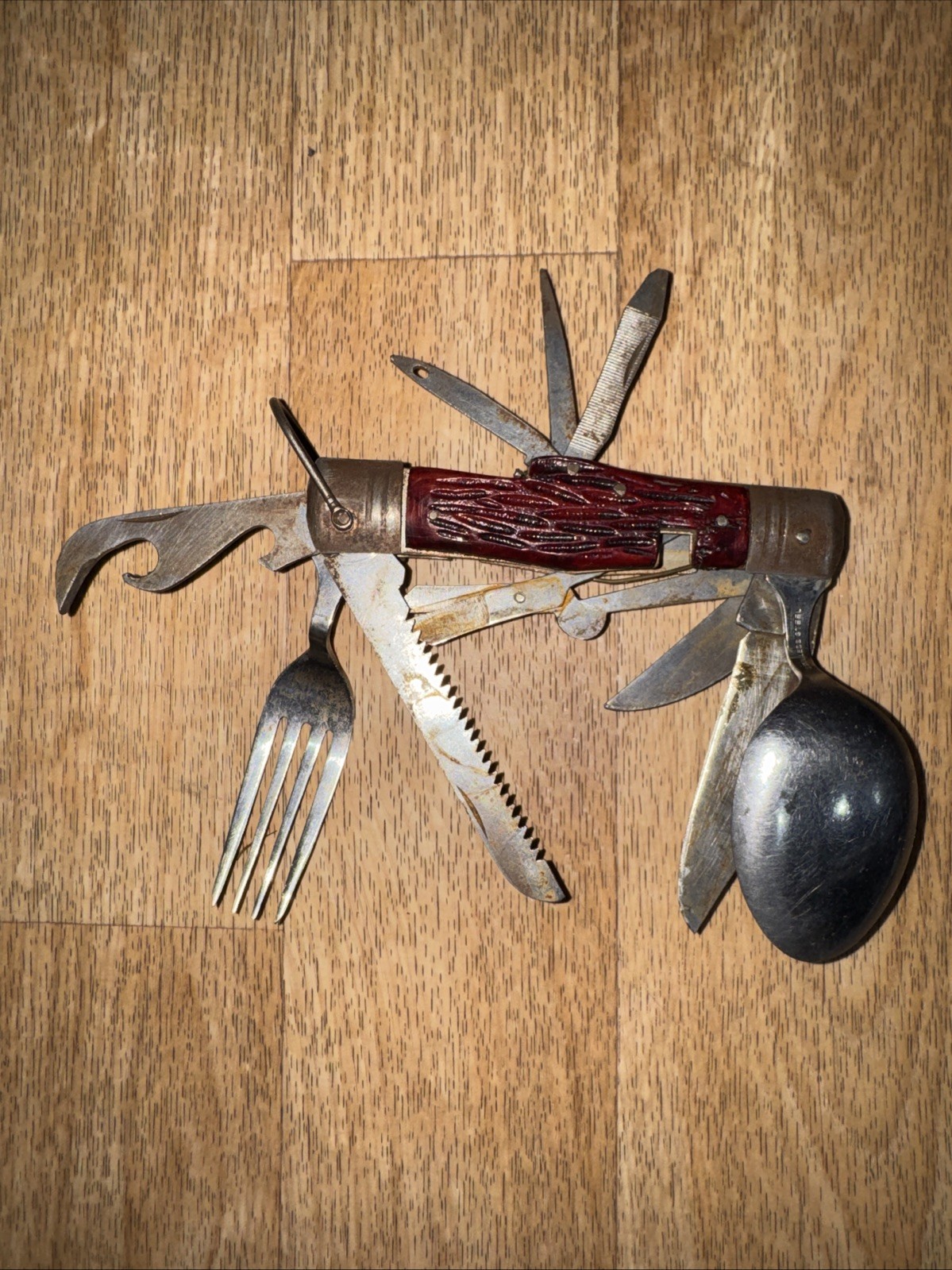 Vtg Camp Multi Tool Folding Pocket Knife Full Size Spoon Fork Saw Knife Camping