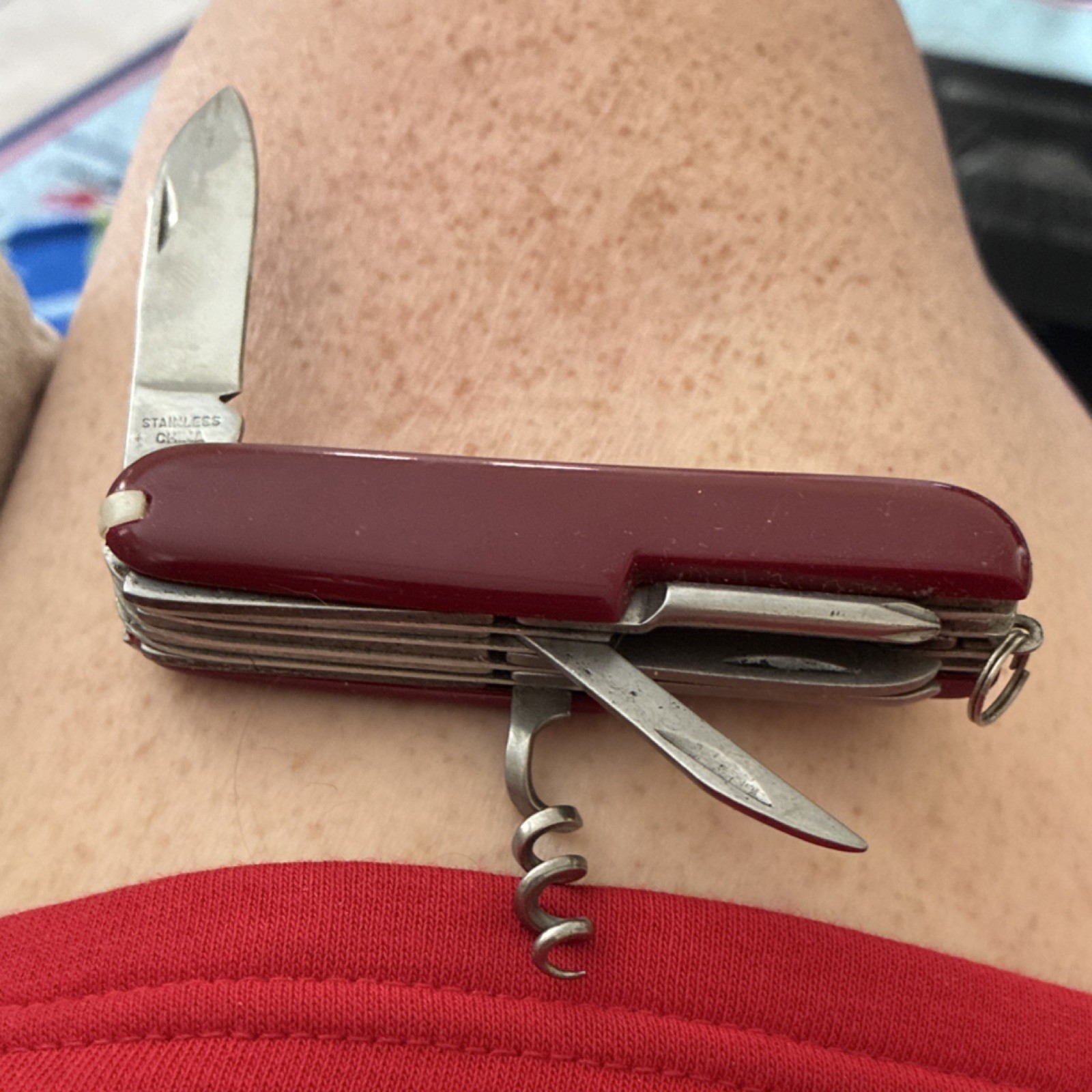 Red 5-Tool Multi-Tool Pocket Knife 1.5in SS Blade Corkscrew Can Opener