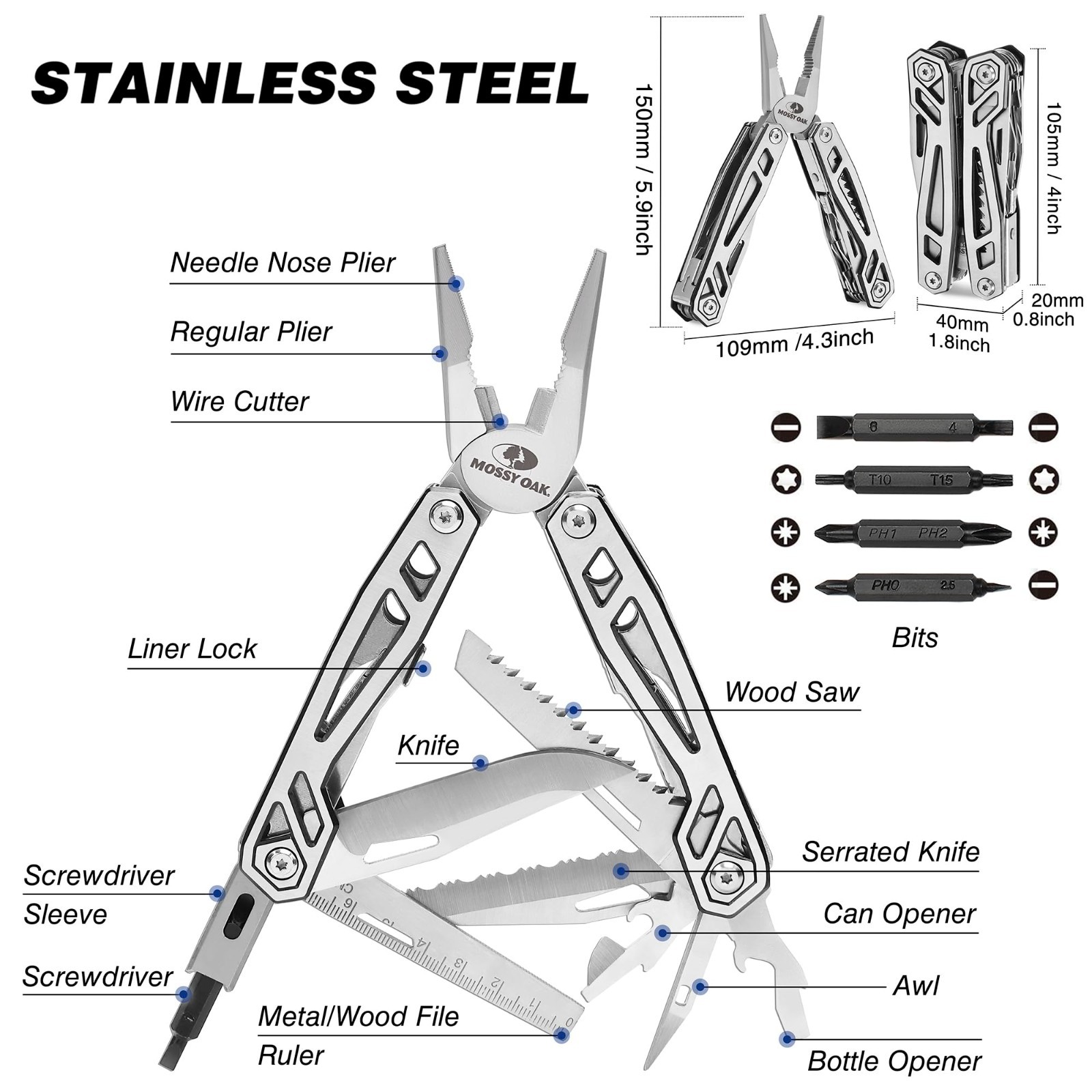 21-in-1 Stainless Steel Multitool Pocket Knife with Pliers & Screwdriver – Outdo