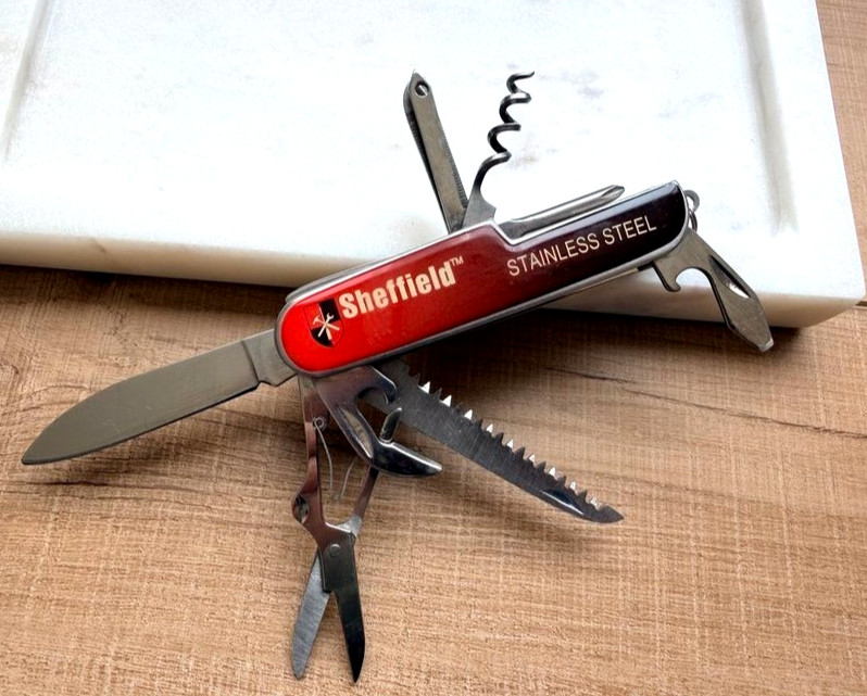 Sheffield Stainless Steel Multi-Tool Pocket Knife Corkscrew Saw Scissors & More