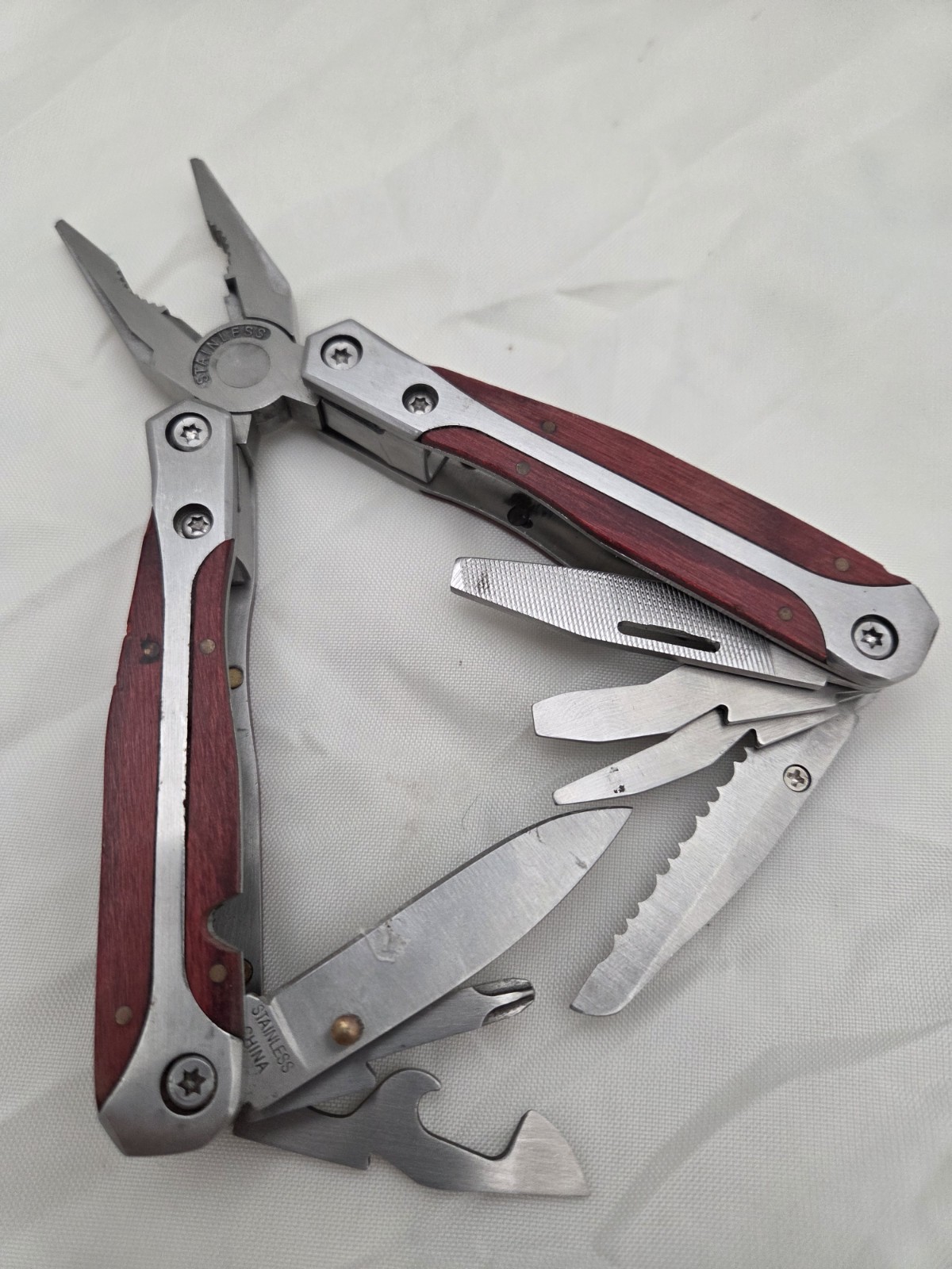 Stainless Steel Leatherman type multi tool with wood trim