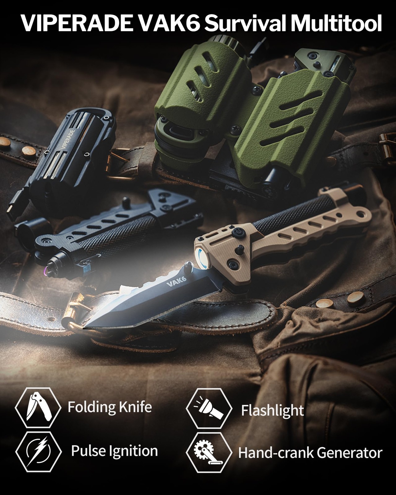 VAK6 Survival Multitool with Folding Knife, LED Flashlight, Pulse Ignition an…