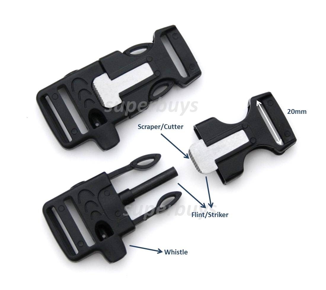20mm Quick Release Buckle Paracord Webbing Strap Whistle Flint Fire Starter BL