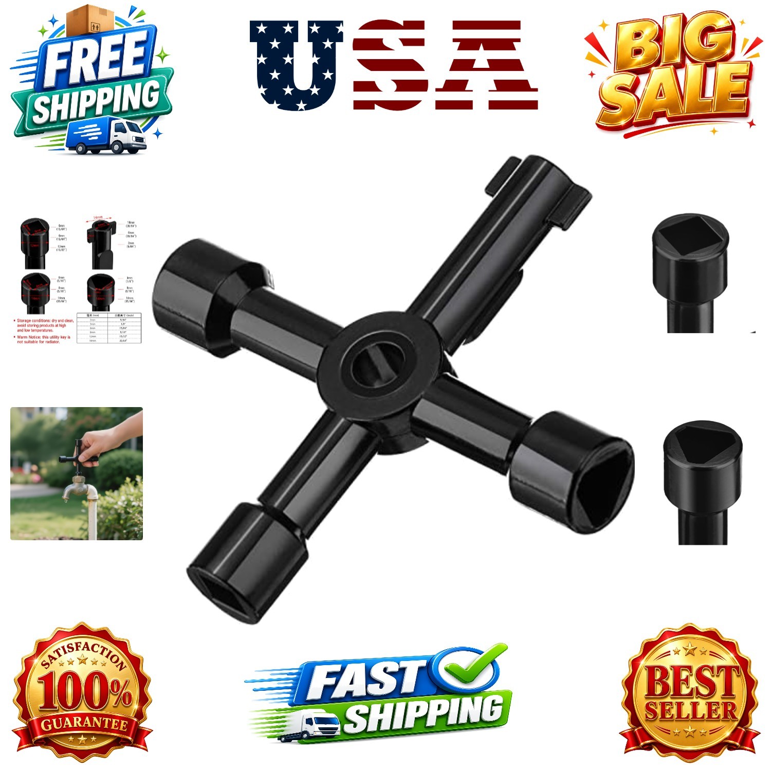 4 Way Sillcock Water Key, 15/64″, 5/16″, 15/32″, 35/64″ Multifunction Utility…