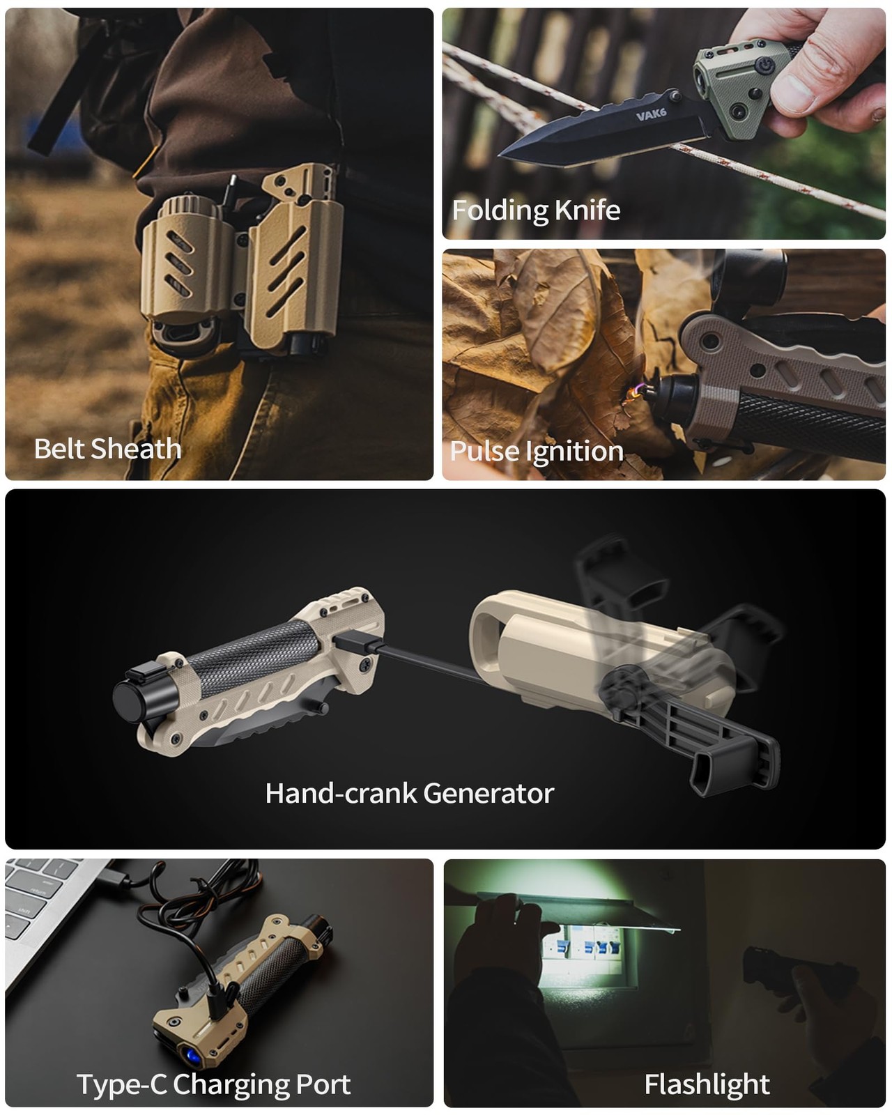 VAK6 Survival Multitool with Folding Knife, LED Flashlight, Pulse Ignition an…