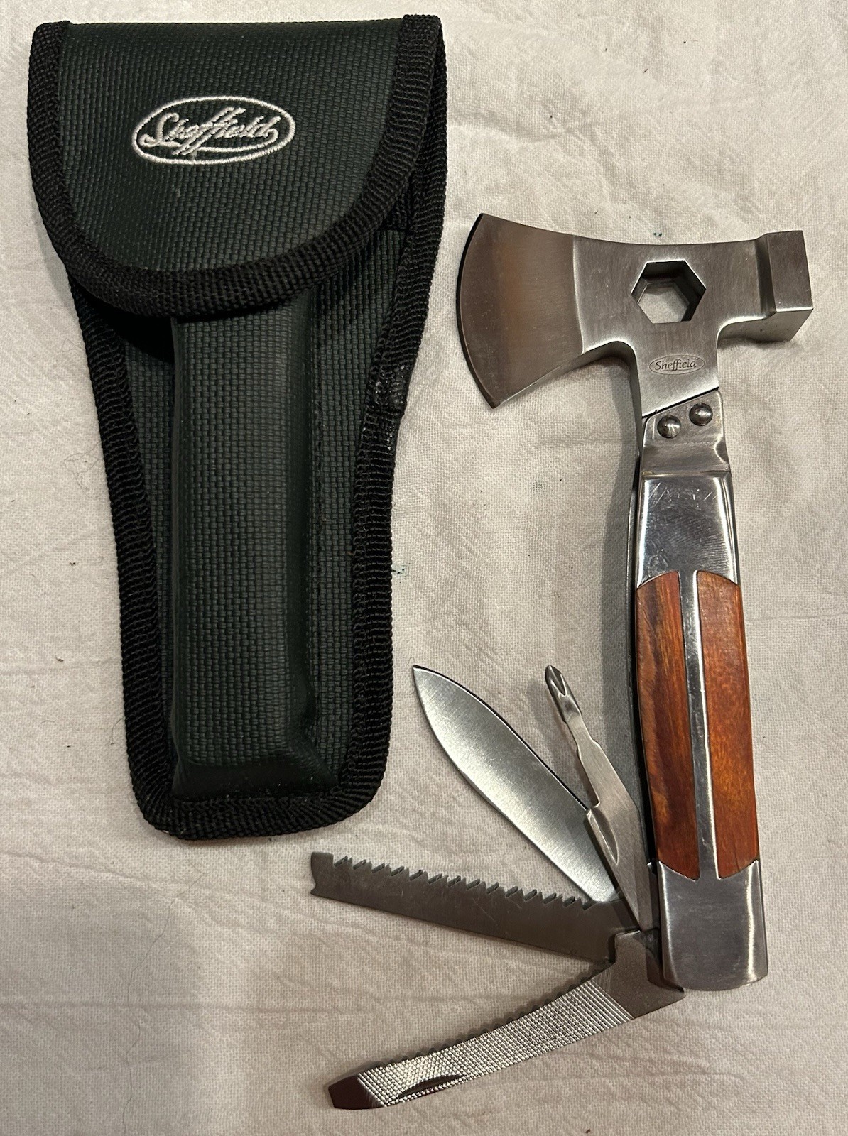 Sheffield Wood Multi Tool Hatchet Axe Screwdriver, saw, etc. Excellent condition