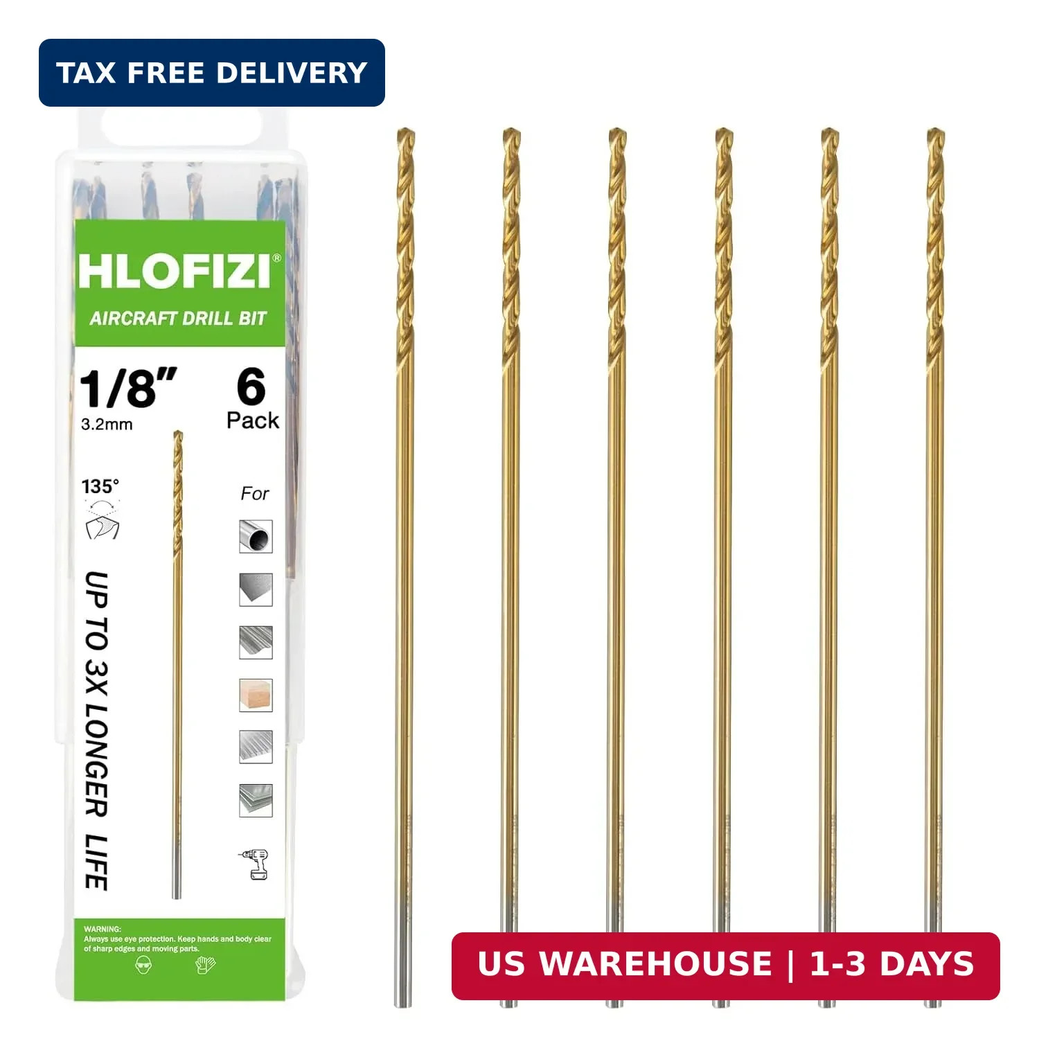 1/8″ x 6″ Extra Long Drill Bit 6 Pack Titanium Aircraft HSS Wood Metal