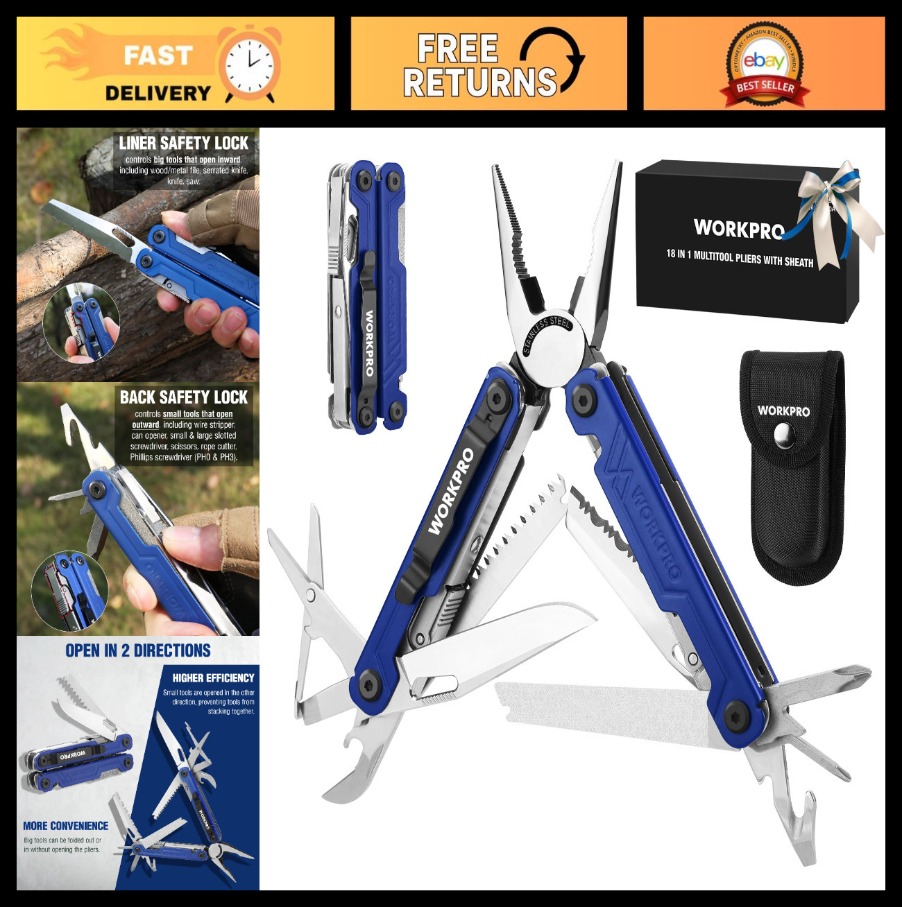 18-in-1 Multi Tool Pliers, Stainless Steel EDC Multitool with Knife, Safety Lock