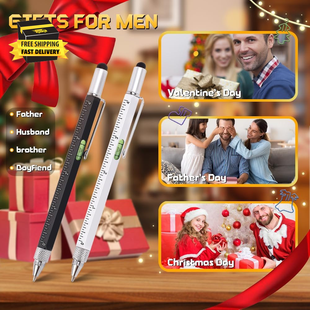 Stocking Stuffers for Men, 9 in 1 Metal Multitool Pen 2Pcs and Refill 6Pcs, Uniq
