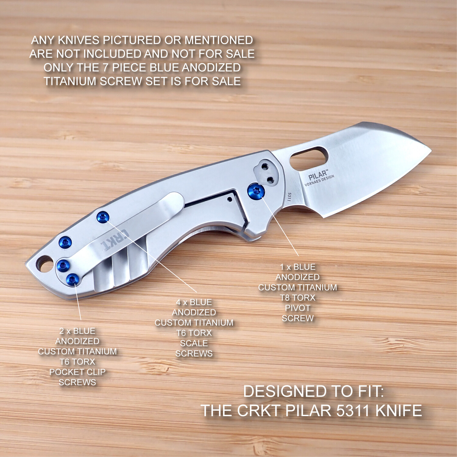 CRKT 5311 Pilar 7pc Custom Anodized BLUE Titanium Torx Screw Set – (no knife)