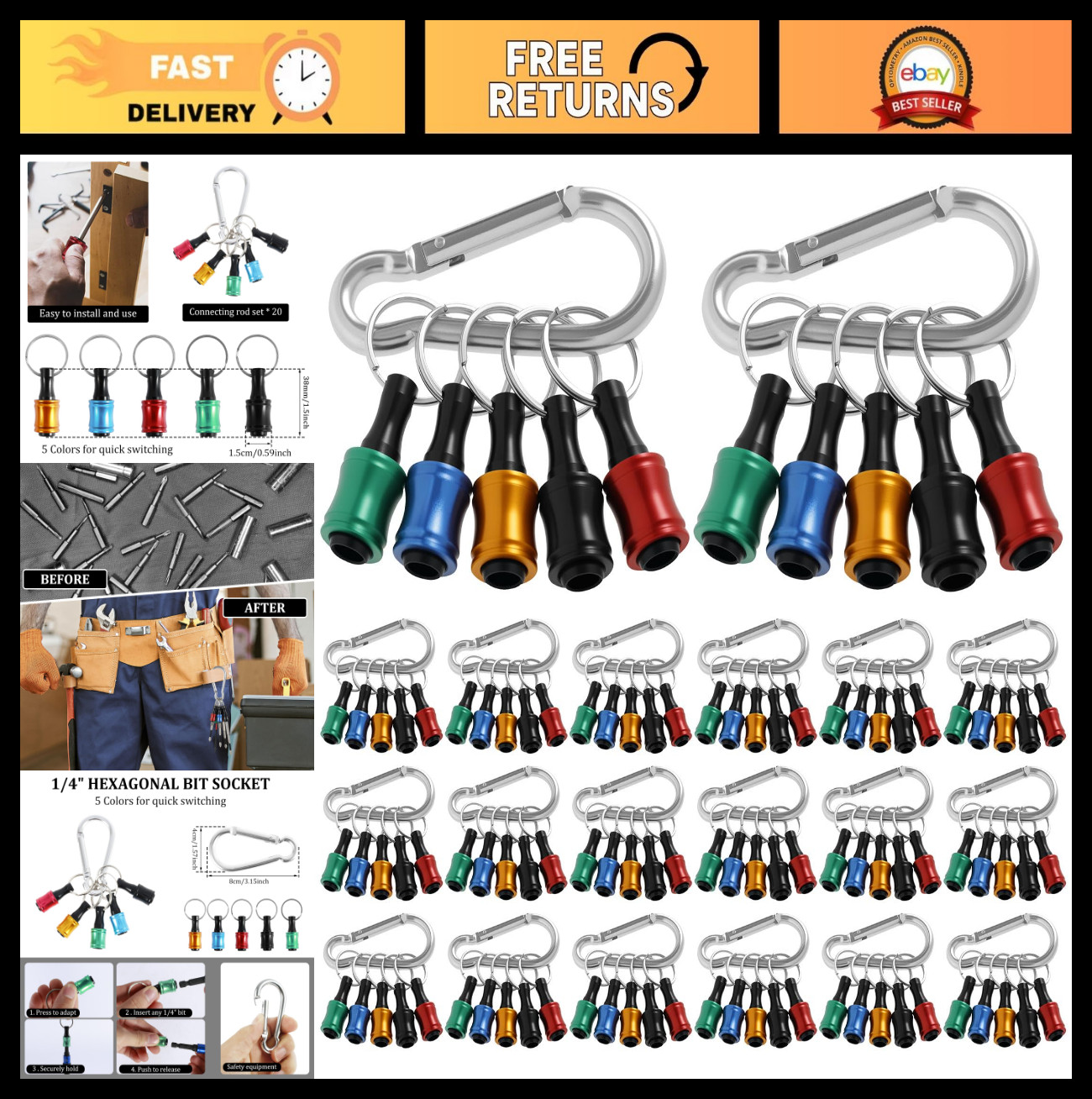 100Pcs Portable Hex Bit Holder Keychain, Quick Change Aluminum Screwdriver Kit,