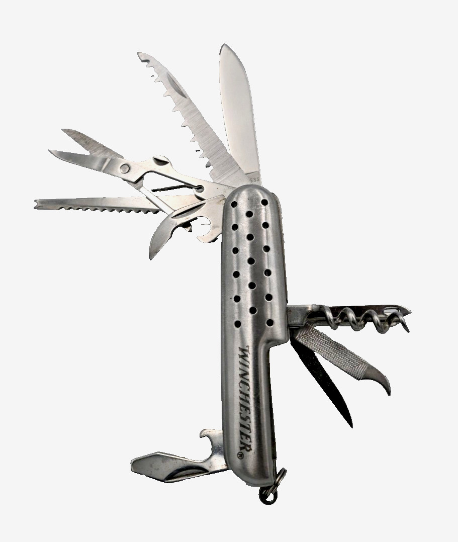 Winchester 3″ Multi-Tool Pocket Knife Perforated Silver Handle Saw Scissors EX