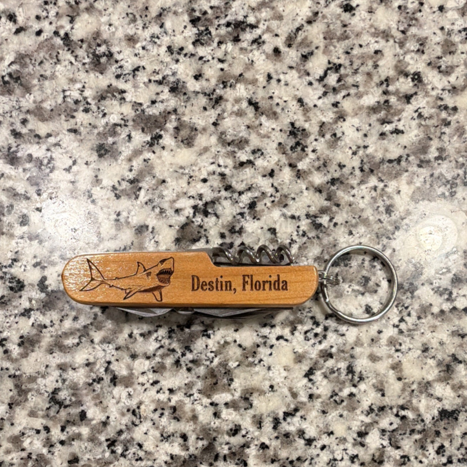 Destin Florida Shark Design Wooden Multi-Tool Keychain, Personalized ‘Johnnie’