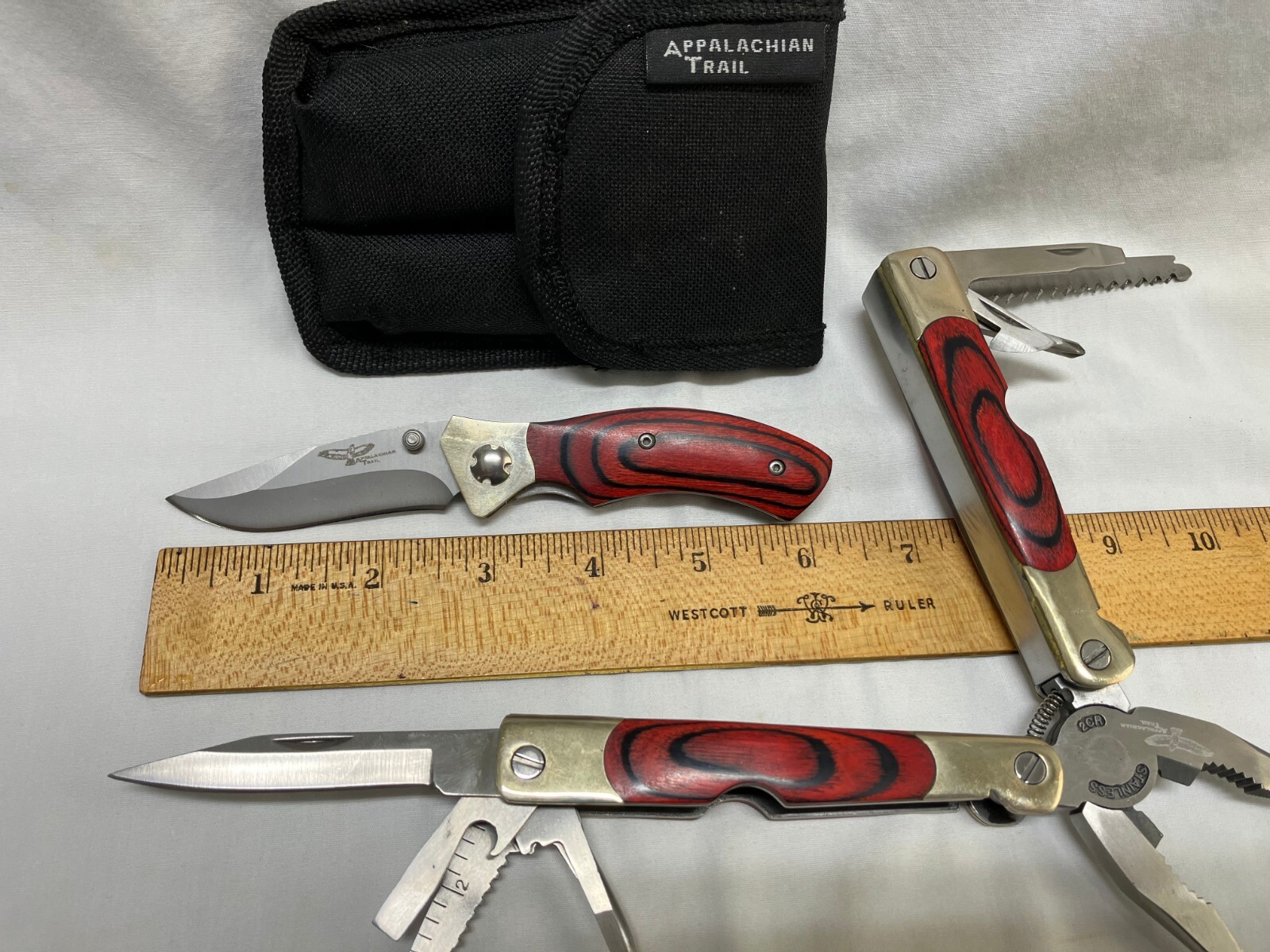 Appalachian Trail Multitool and Knife Set in Belt Case Knives Pliers Saw More