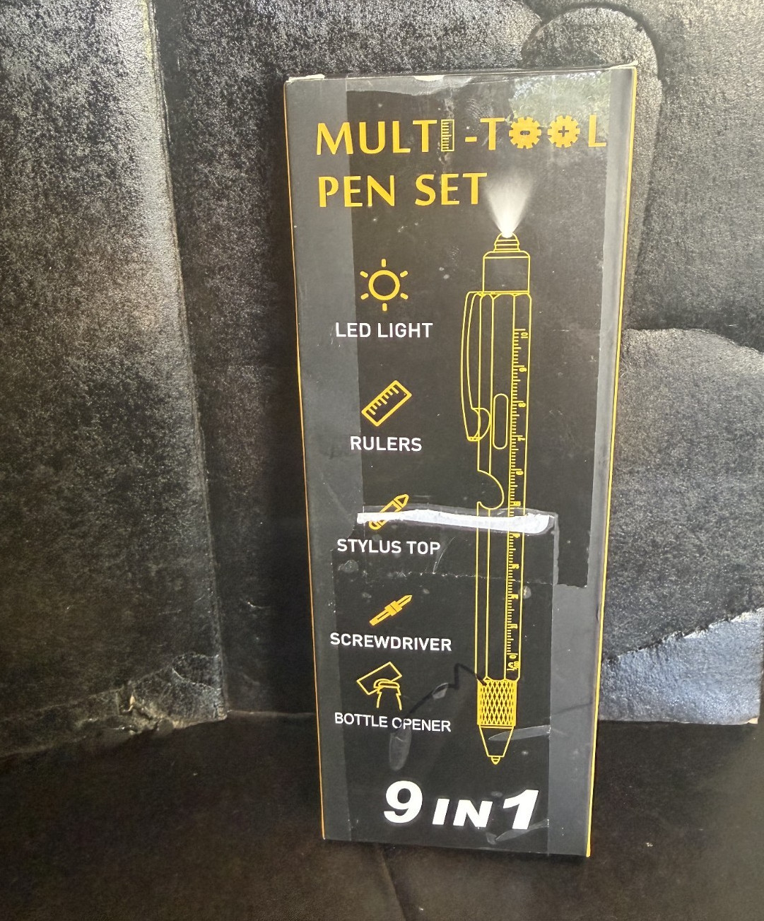 9-in-1 Multi-Tool Pen Set Black w/ LED Light, Ruler, Bottle Opener, Screwdriver