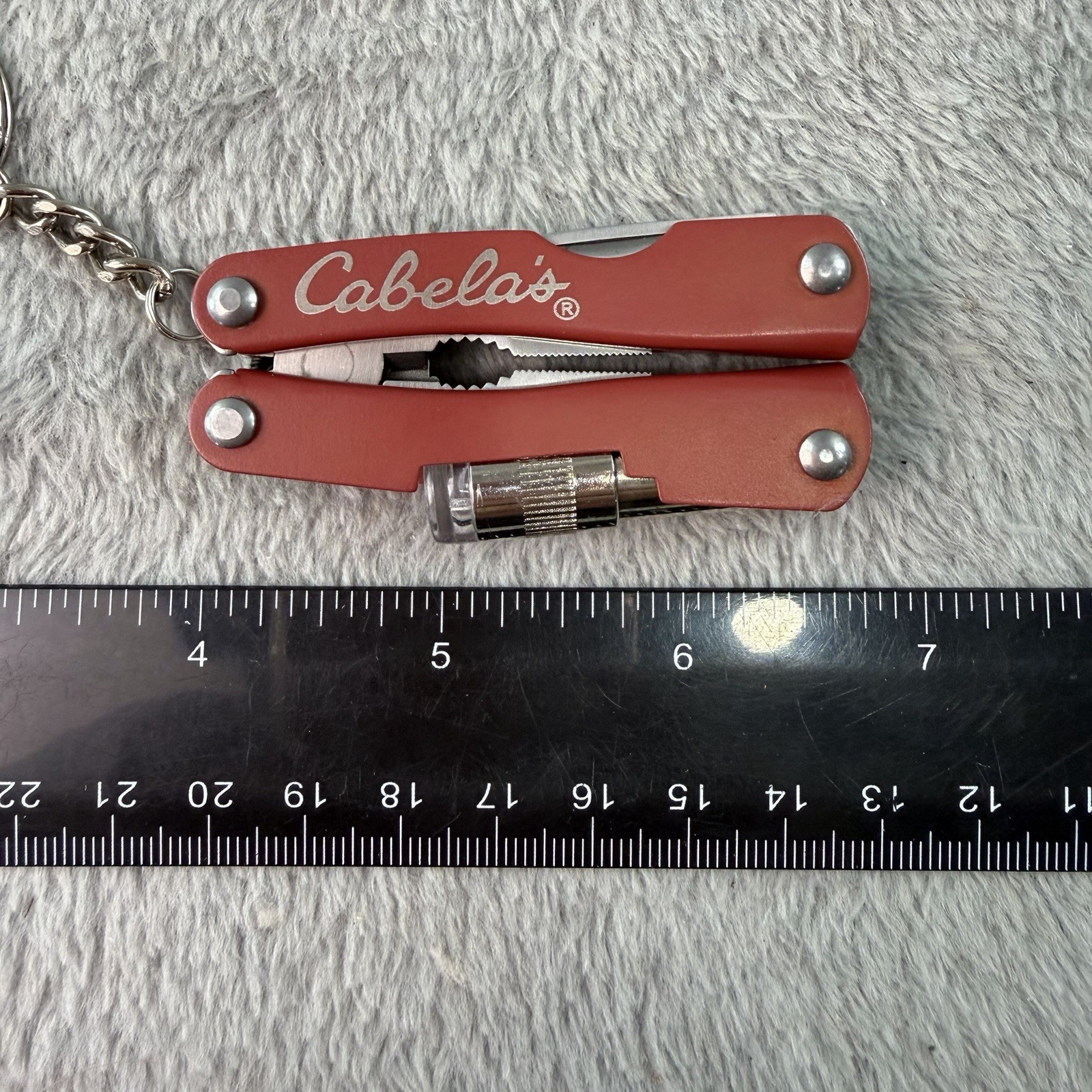 Cabelas Mini Keychain 7 in 1 Multi-Tool with LED Light & Nylon Belt Sheath