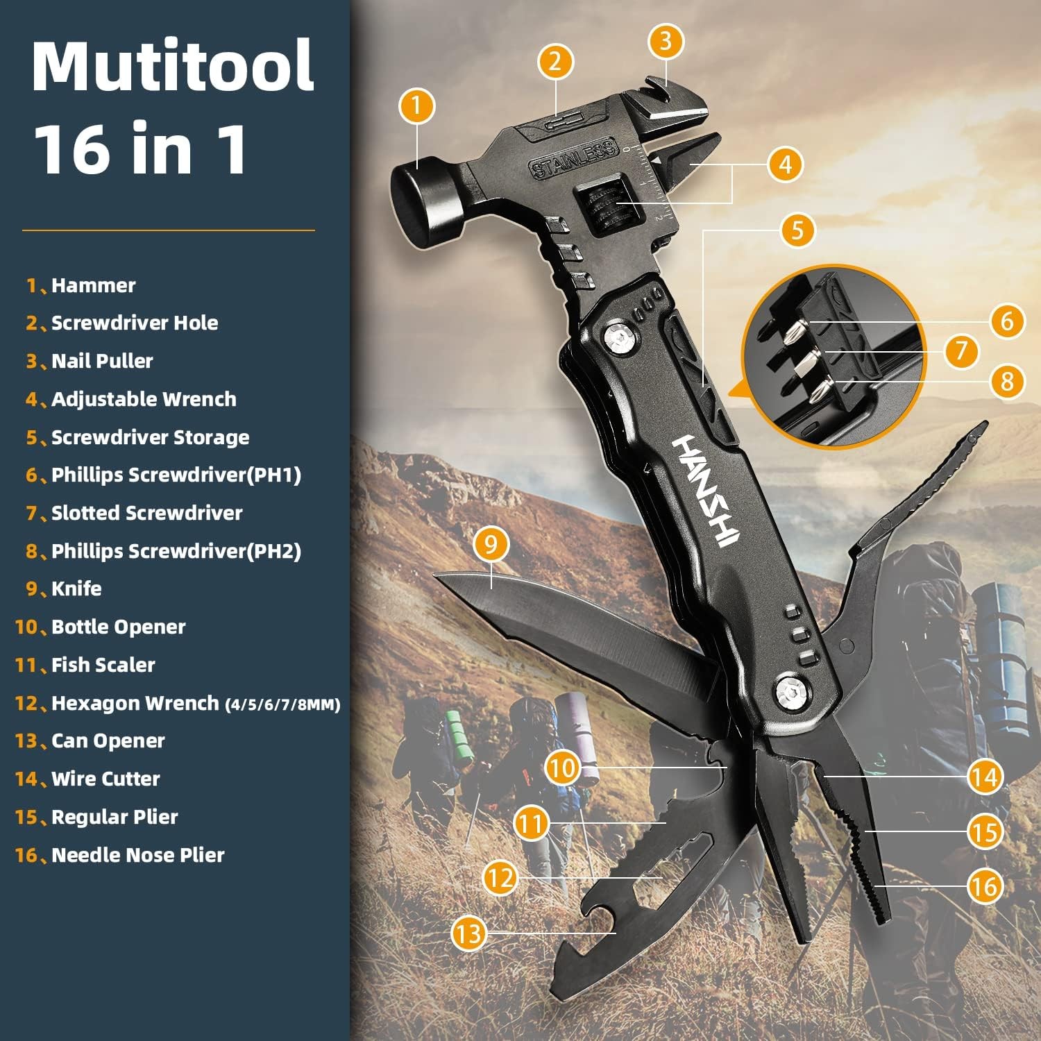 16 in 1 Multitool Hammer Adjustable Wrench Pliers Screwdriver Pocket Tool