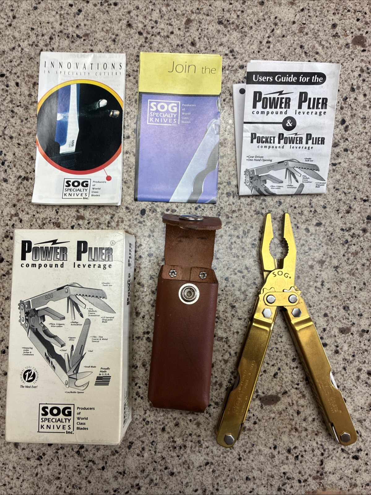 VINTAGE ORIGINAL SOG Power Plier Multi-Tool TiNi Gold w/ Leather Sheath NIB