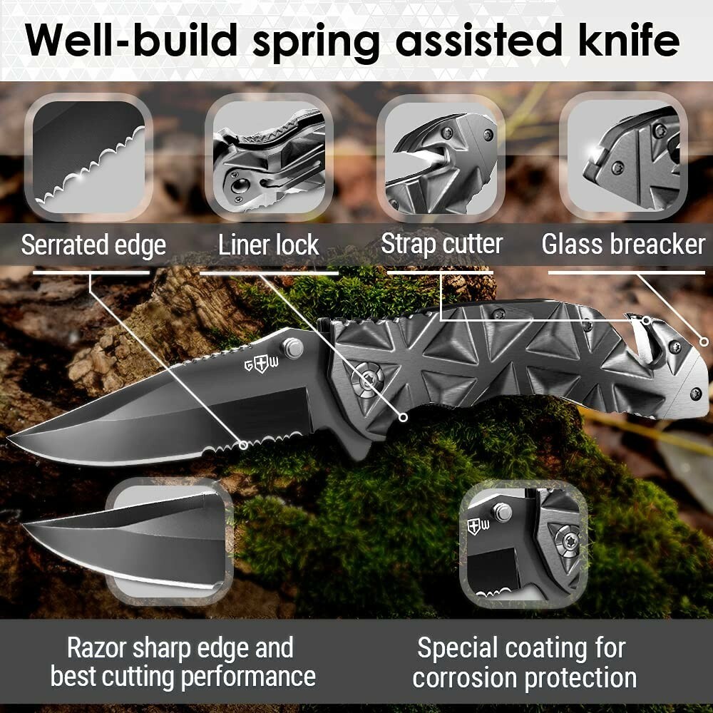 Spring Assisted Knife 2022 Design Black Pocket Folding Knife Tactical Knife NEW