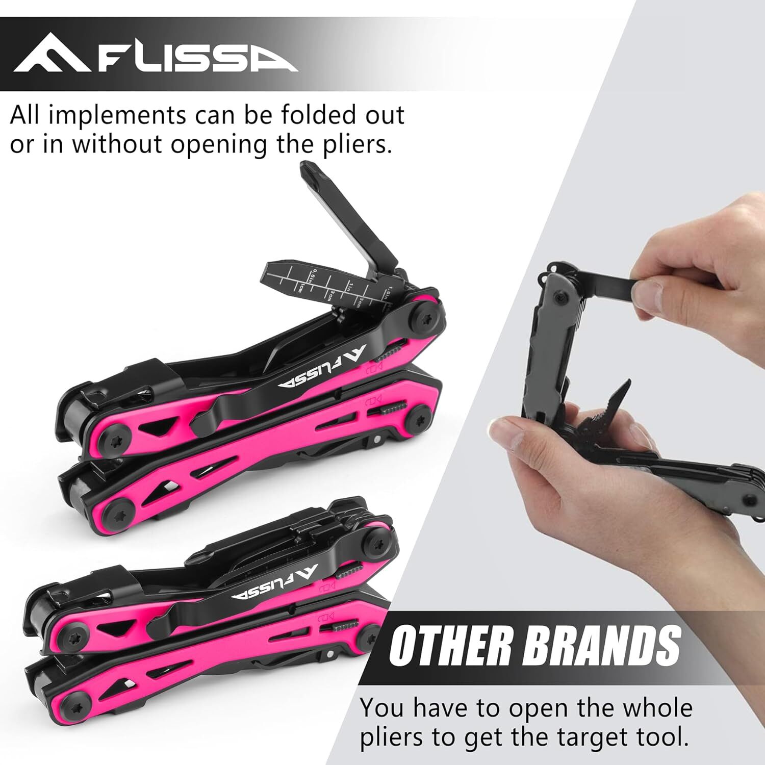 FLISSA 16-in-1 Pink Multi Tool Pliers Stainless Steel EDC Multitool Pocket Knife