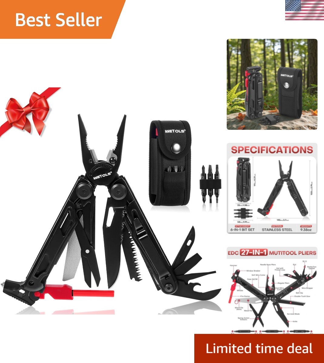 27-in-1 Stainless Steel Multitool with Sheath for Ultimate Outdoor Survival