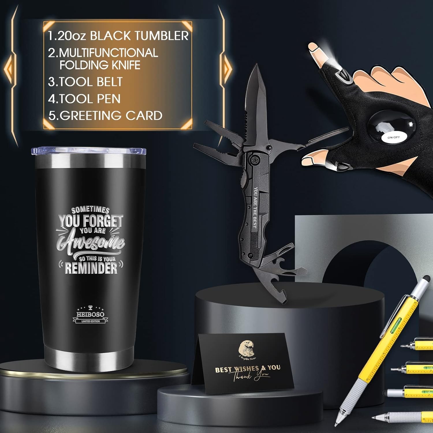 Gifts for Men – 6-in-1 Gift Set with Stainless Steel Tumbler,Multi-Tool Knife,LE