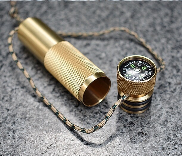 EDC Brass Waterproof Pill Case Container Box Pendant w/ Compass Outdoor Tool—