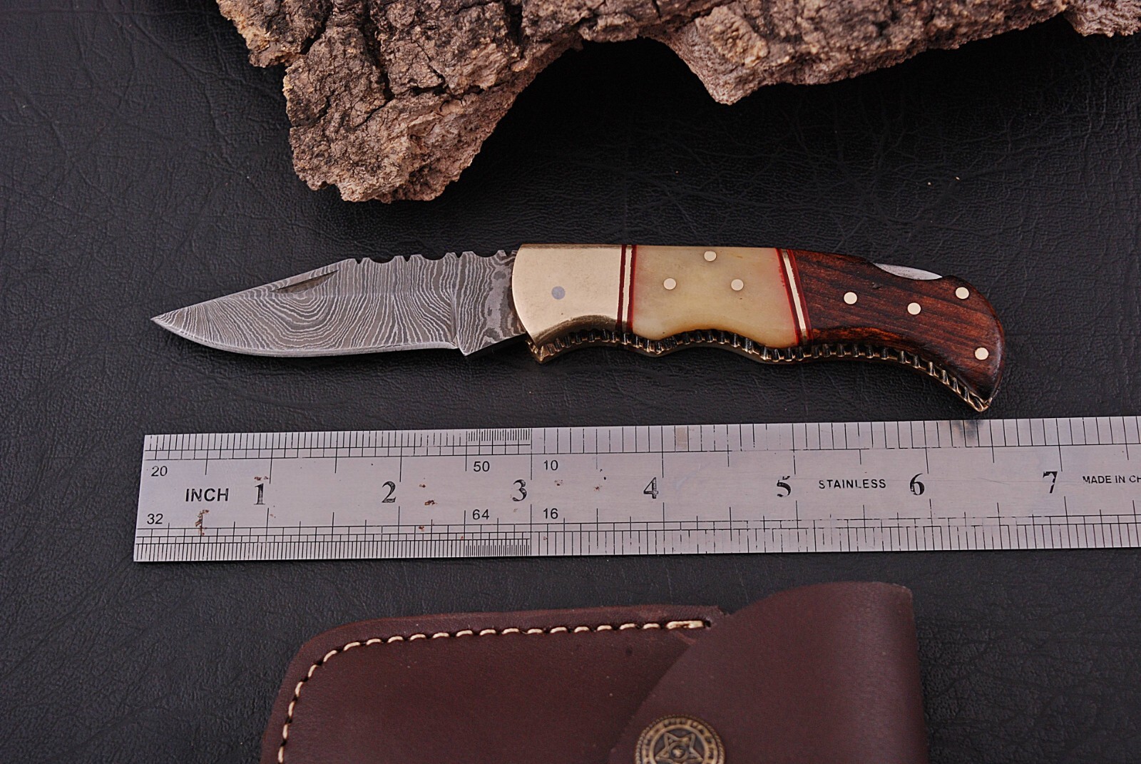 HANDMADE FOLDING BLADE POCKET KNIFE CAMEL BONE & WOOD HANDLE BRASS BOLSTER X422