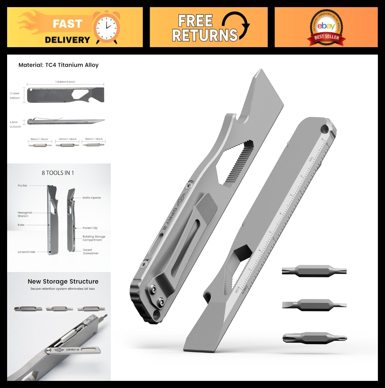 EDC Multitool Pry Bar Set – Titanium, Bottle Opener, Nail Puller, Hex Wrench, Po