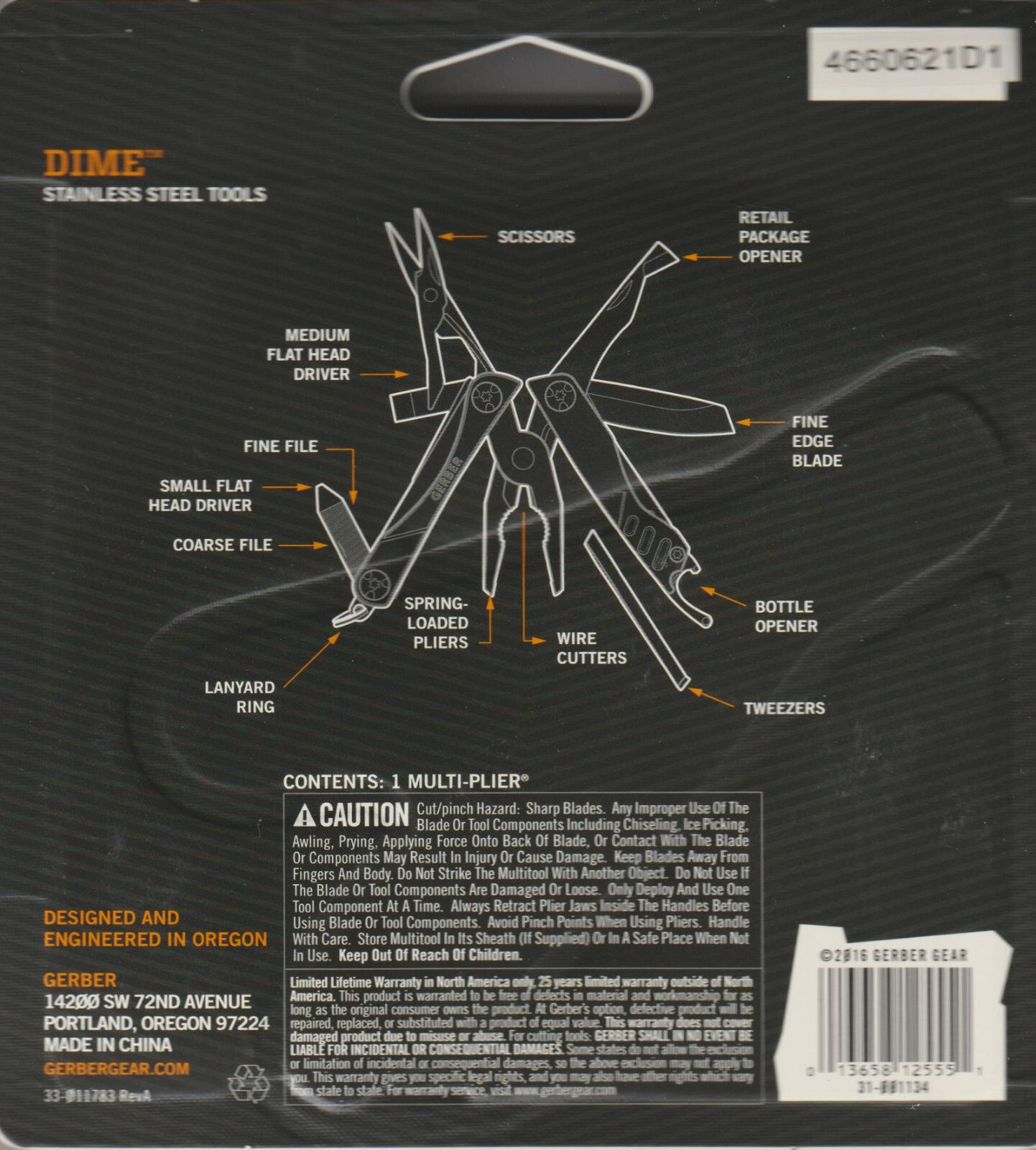 GERBER DIME 12-TOOL MULTI-TOOL PLIER Black 31-001134 KNIFE 936-8572