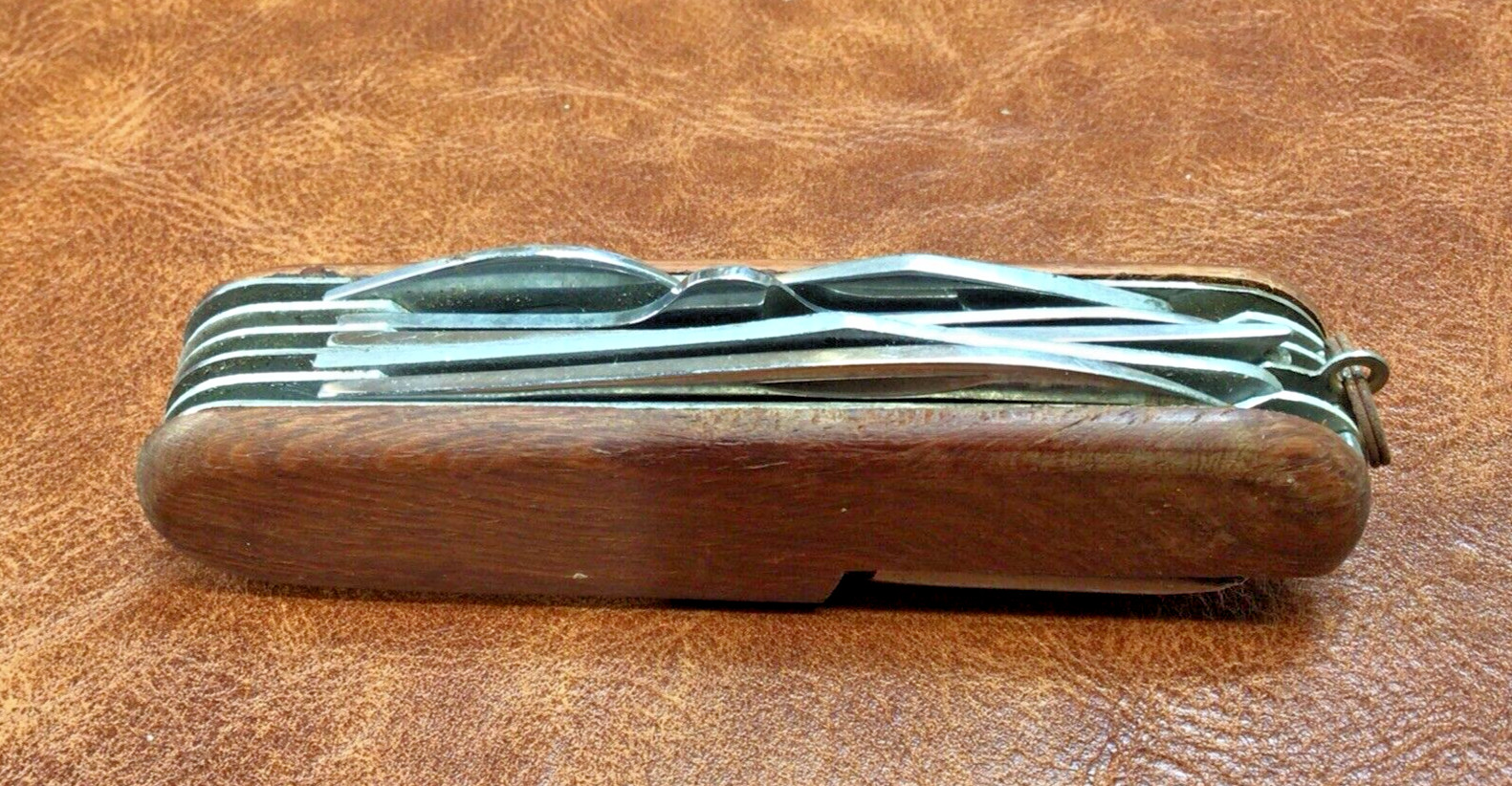 VTG Knife Multi-Tool Wooden Handle Folding Blade Cork Screw Saw Scissors