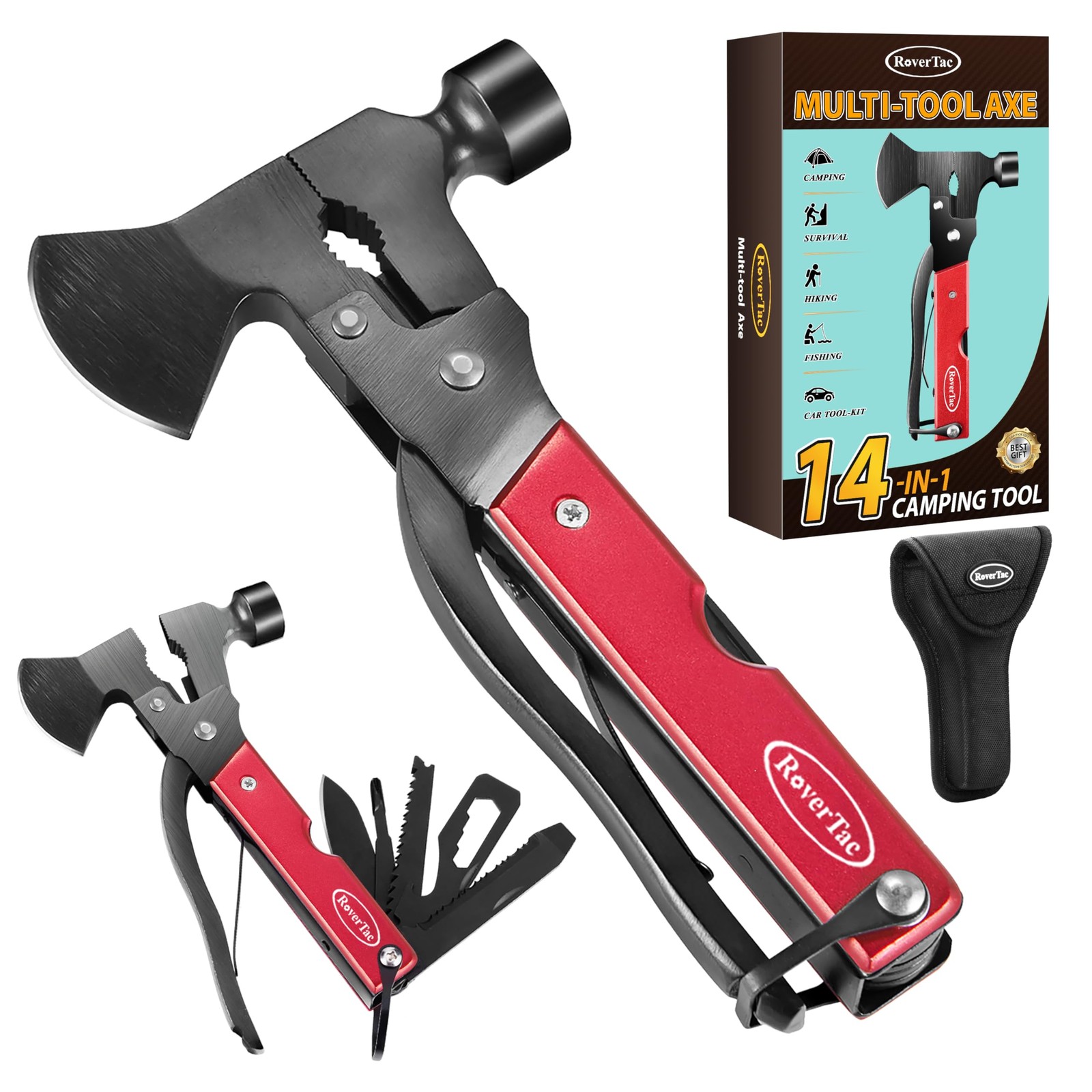 RoverTac 14-in-1 Multitool Camping Axe Hatchet – Essential Gear Red