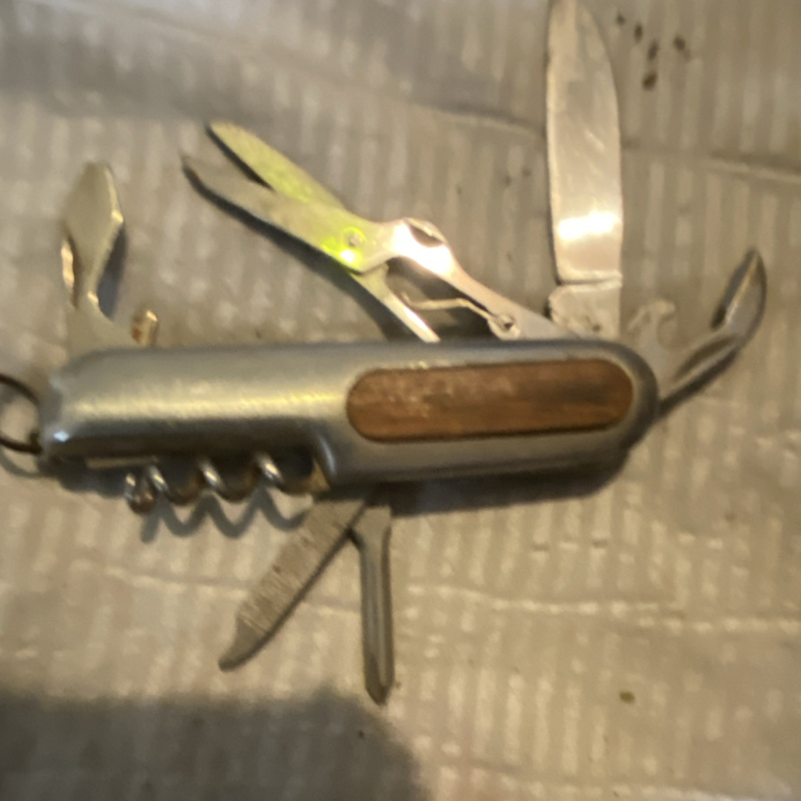 Stainless Steel & Wood Multi-Tool, Knife, Scissors, Corkscrew, Opener