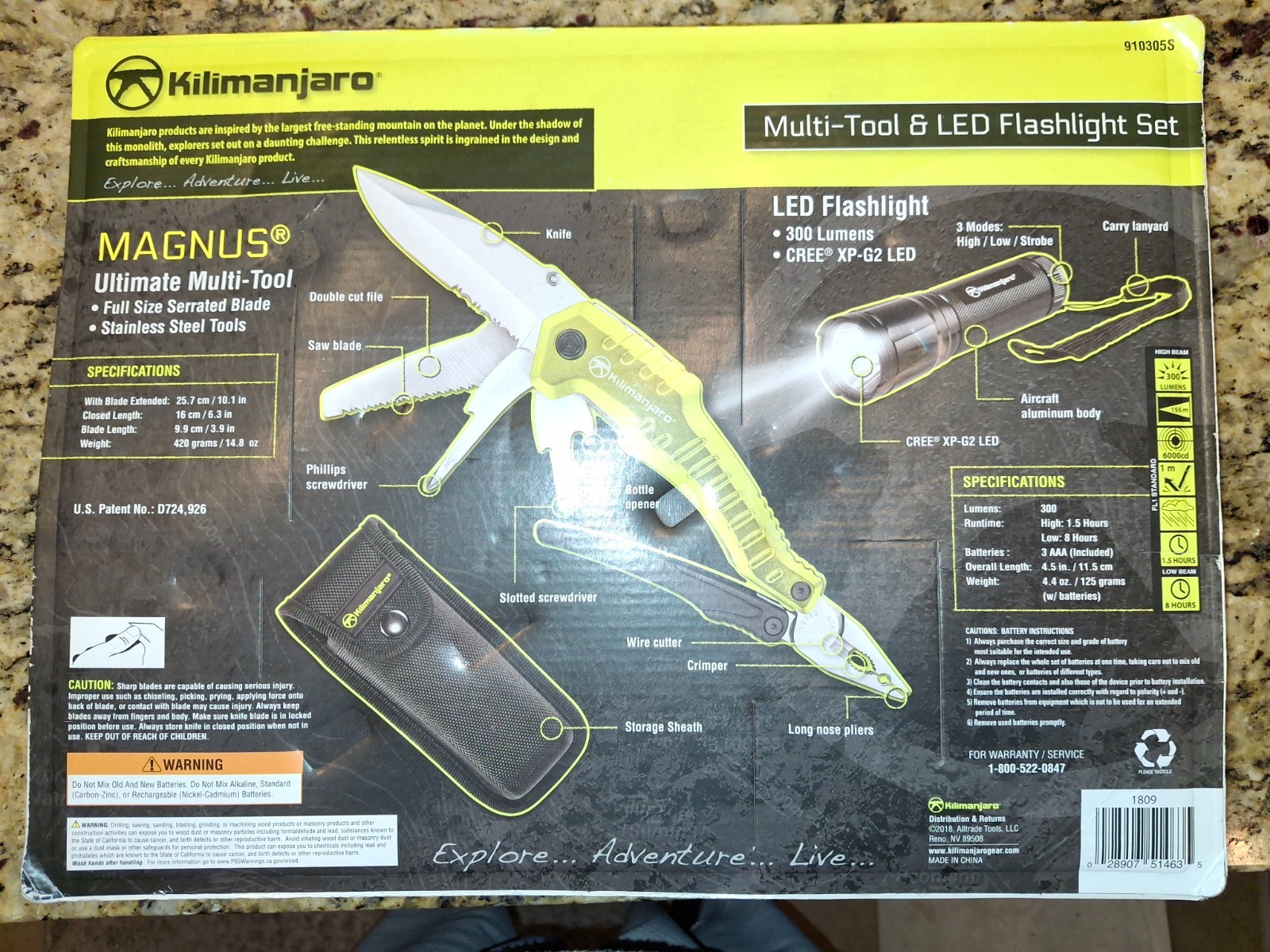 Kilimanjaro Magnus Multi Tool & 300 Lumen LED Flashlight Set w/ Sheath New