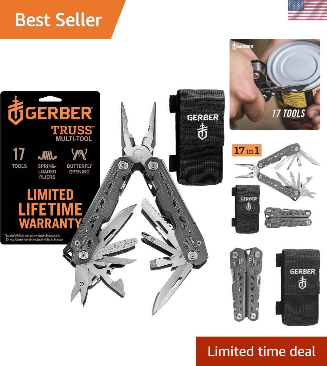 Gear Truss 17-in-1 EDC Needle Nose Pliers Multi tool – includes Pocket Knife,…