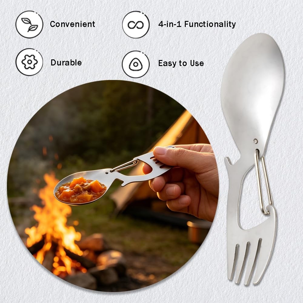 Utility Tactical Spoon Fork Carabiner Bottle Opener,Stainless Steel Lightweig…