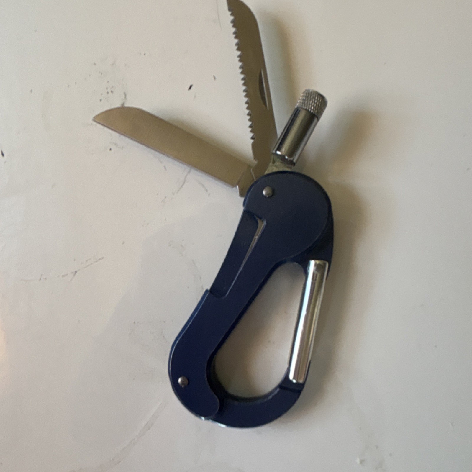 Boeing Carabiner Multi-Tool Knife & Saw, 2in Part Serrated Blue/Silver