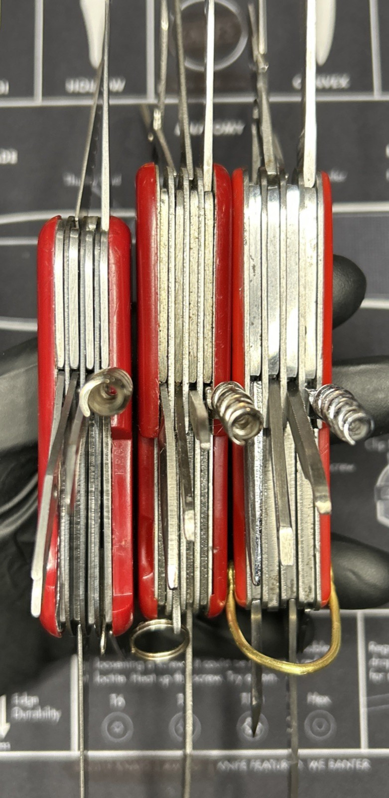 Lot Of 3 Vintage Japan Red Multi Tool Folding Knives Good USED Tools Clean Sharp