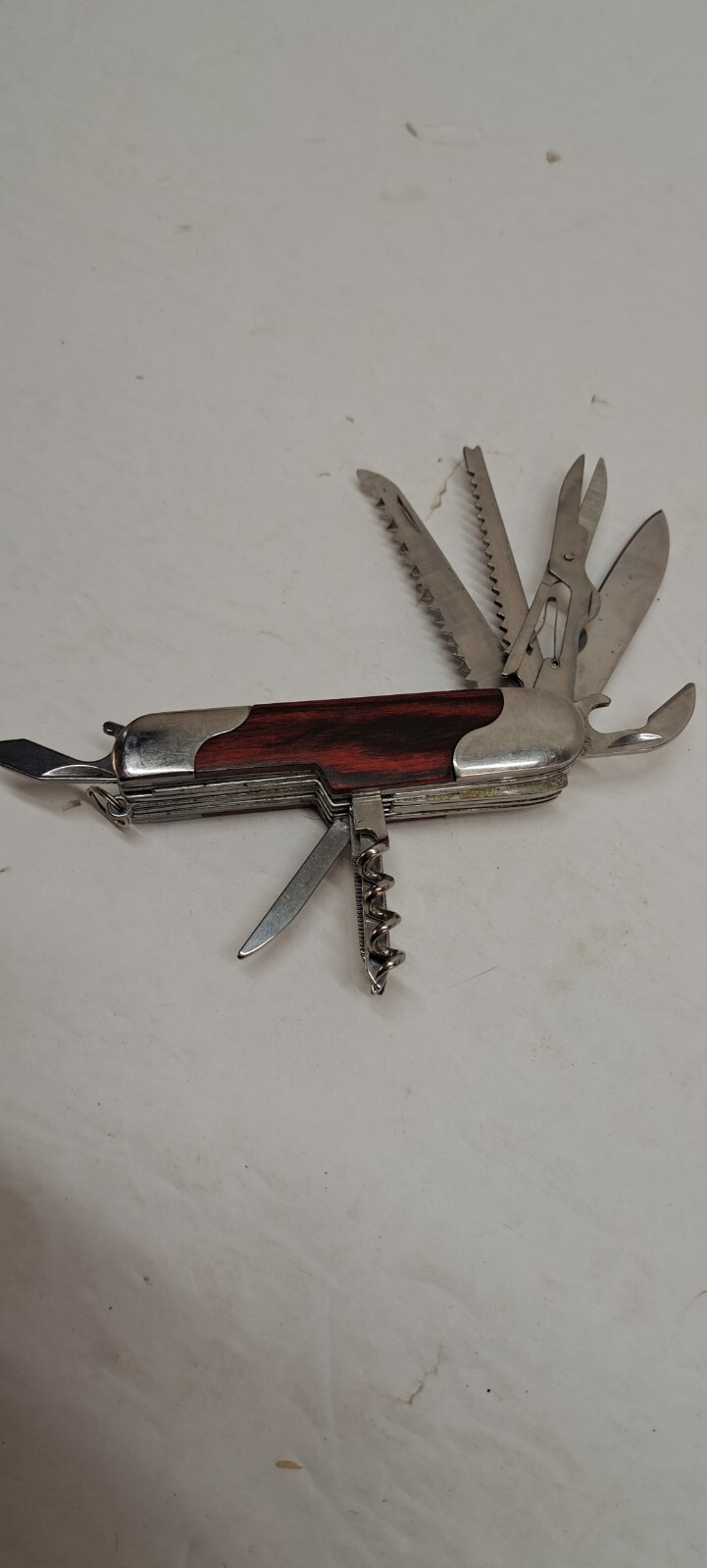 Vintage NRA 11 Multi Tool Knife Scissors Screwdriver Saw Wood Handle 3.5″ Long