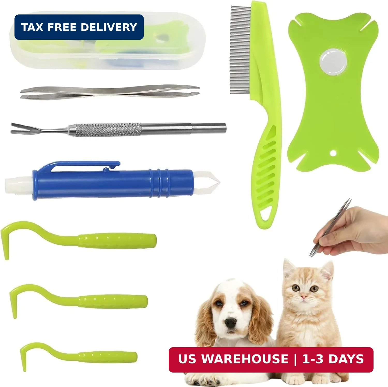 Tick Removal Tool 8 in 1 with Storage Box, Tick Tweezers, Flea Comb, Magnifying