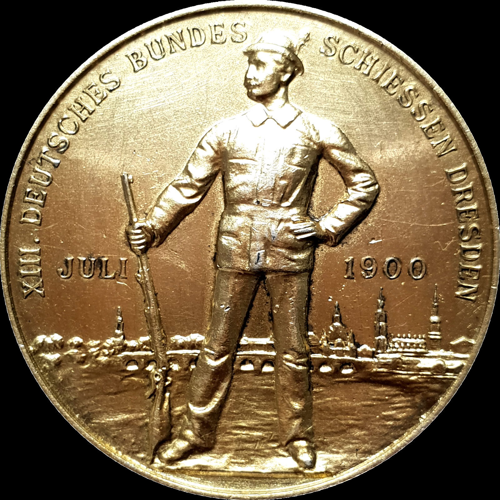 Dresden 1900 Shooting Unc Medal Gilt Silver City View Saxony Germany Very Rare