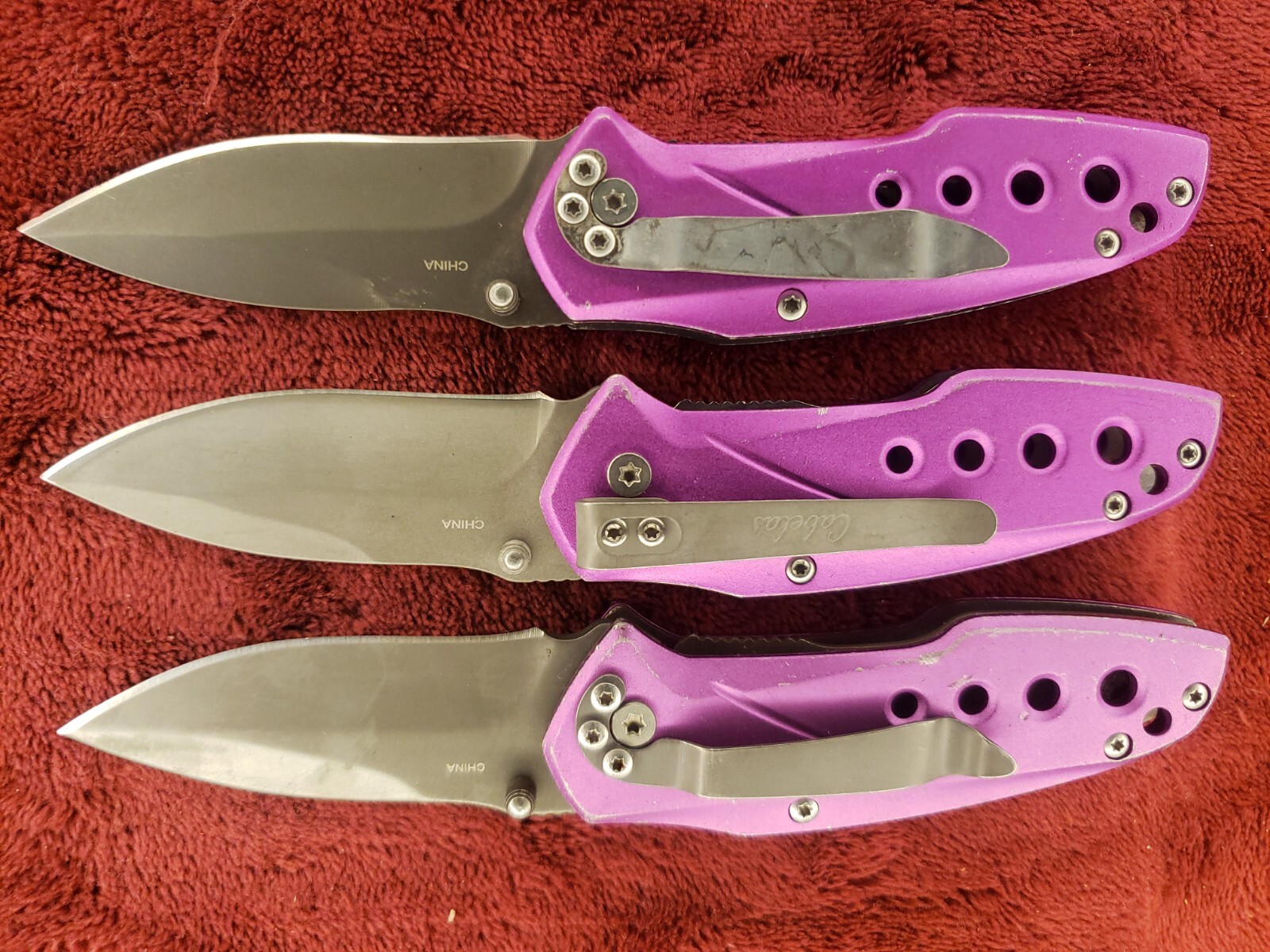 Lot 3 Cabela’s Plain Edge Liner Lock Aluminum Scale Folding Purple