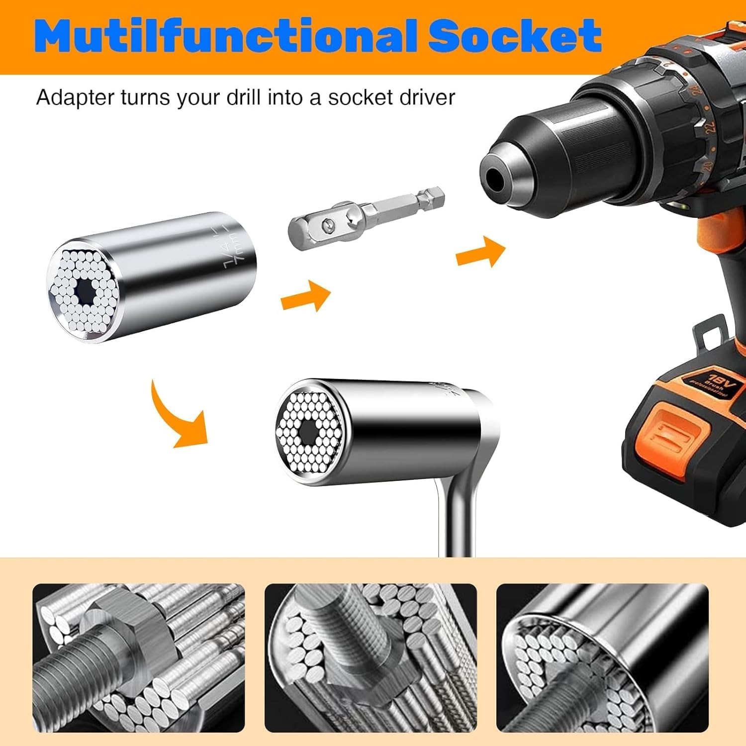 Geekman Silver Universal Socket Tools Set with Power Drill Adapter