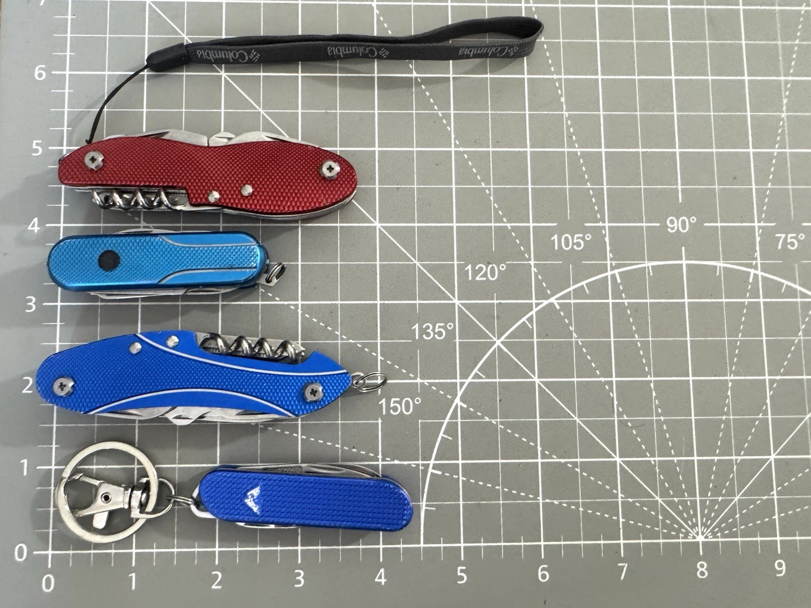 Lot of 3 COLUMBIA Blue/Red Aluminum Handle Keychain Multi-Tools with BONUS
