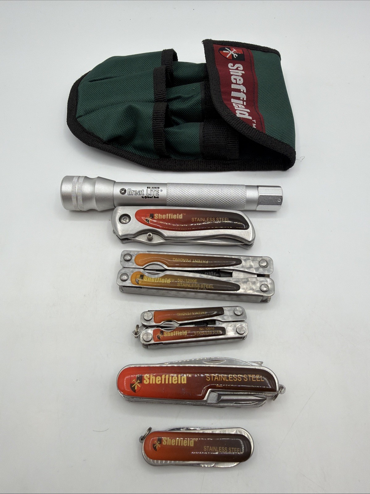 Sheffield Brand Utility Tool Belt Pouch 6 Piece Set W/ Knife Flashlight