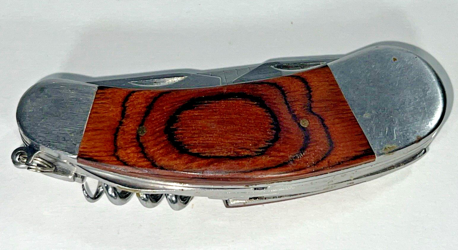 Camping Knife Wooden Handle with 7 Different Tools Attached with a Hanging Ring