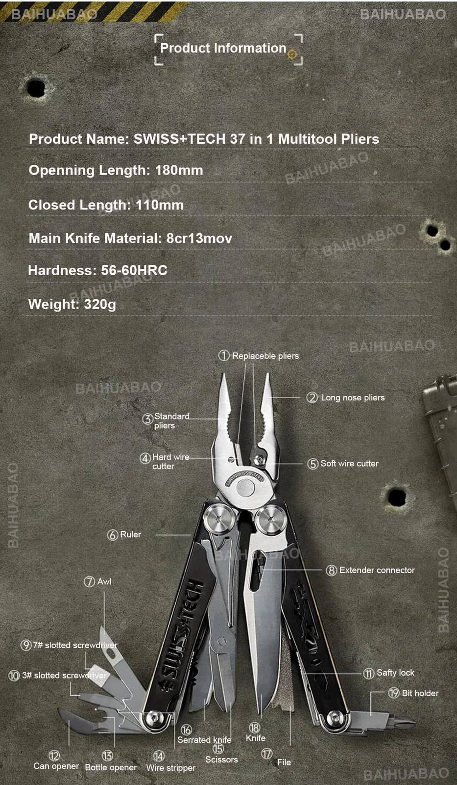 Swiss Tech 37-in-1 Multitool Pliers Folding Edc Scissors Survival Hand Tool