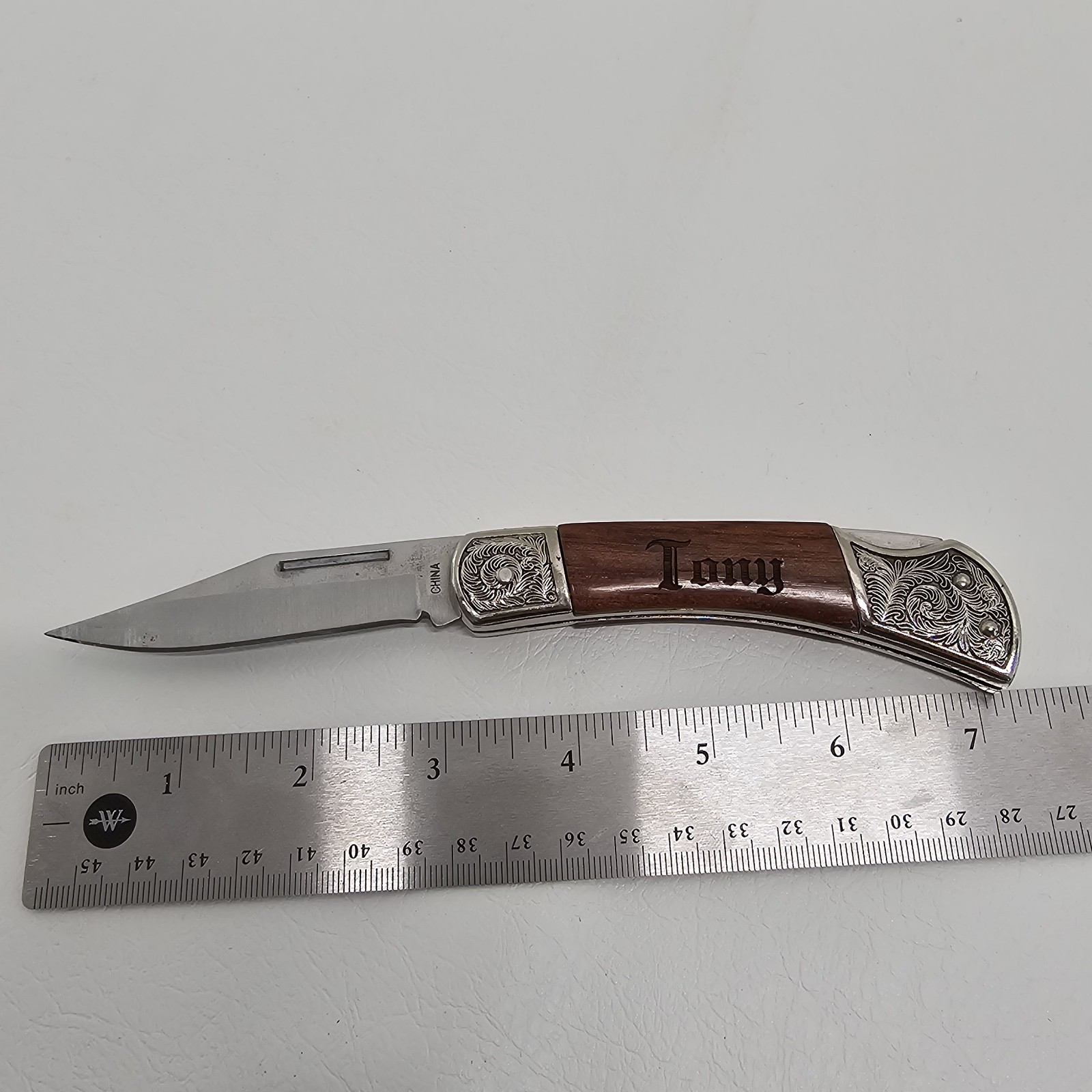 Vintage Folding Pocket Knife “Tony” Engraved Handle – Ornate Bolsters – 7″ Open